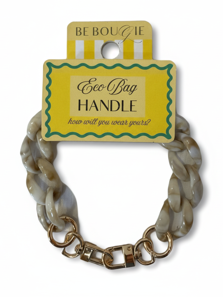 Be Bougie beige marbled acrylic chain link bag handle with gold-tone clip-on hardware on branded display card