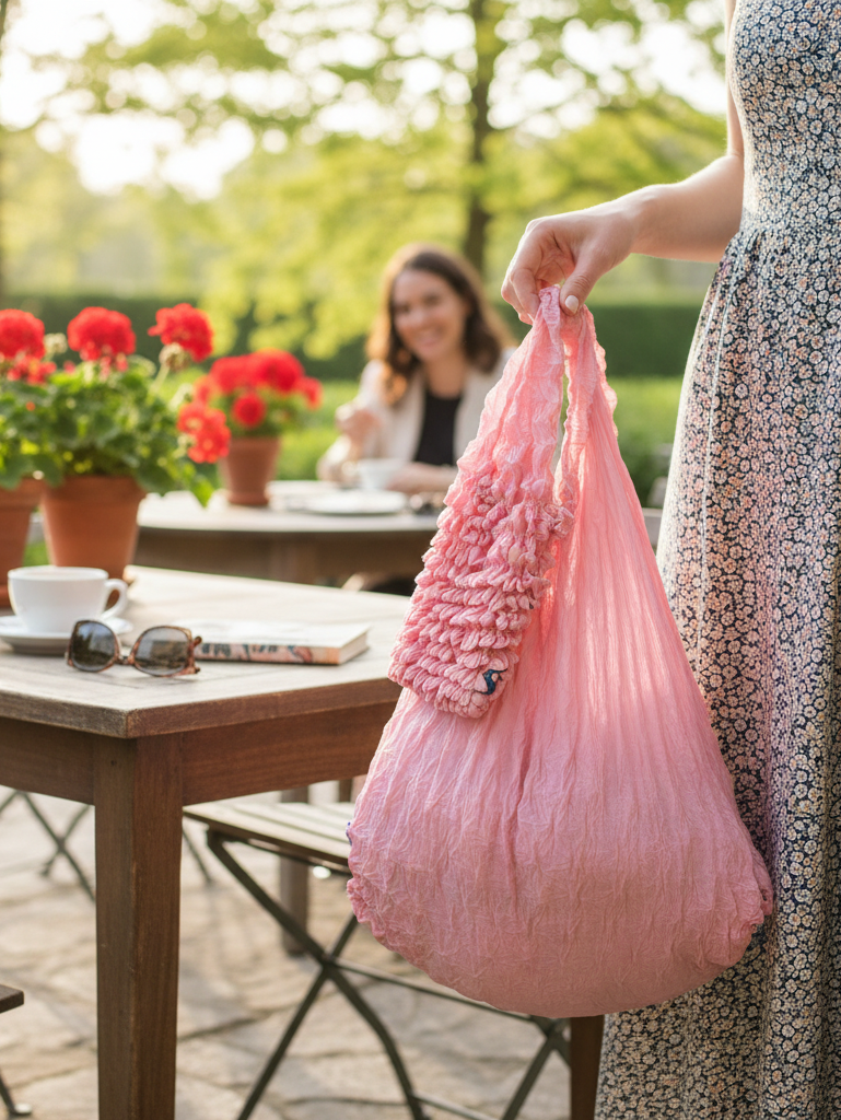 Be Bougie crepe pink sustainable stretchy shopper bag held by a woman in a floral dress on a sunny patio