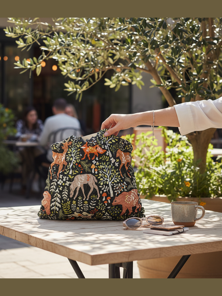 Be Bougie stretchy eco tote bag with deer and bear woodland print on a cafe table, held by a woman's hand.