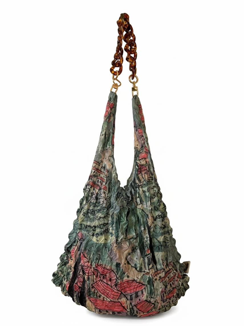 Be Bougie eco bag featuring a colourful Mediterranean town print with a detachable tortoiseshell chain handle