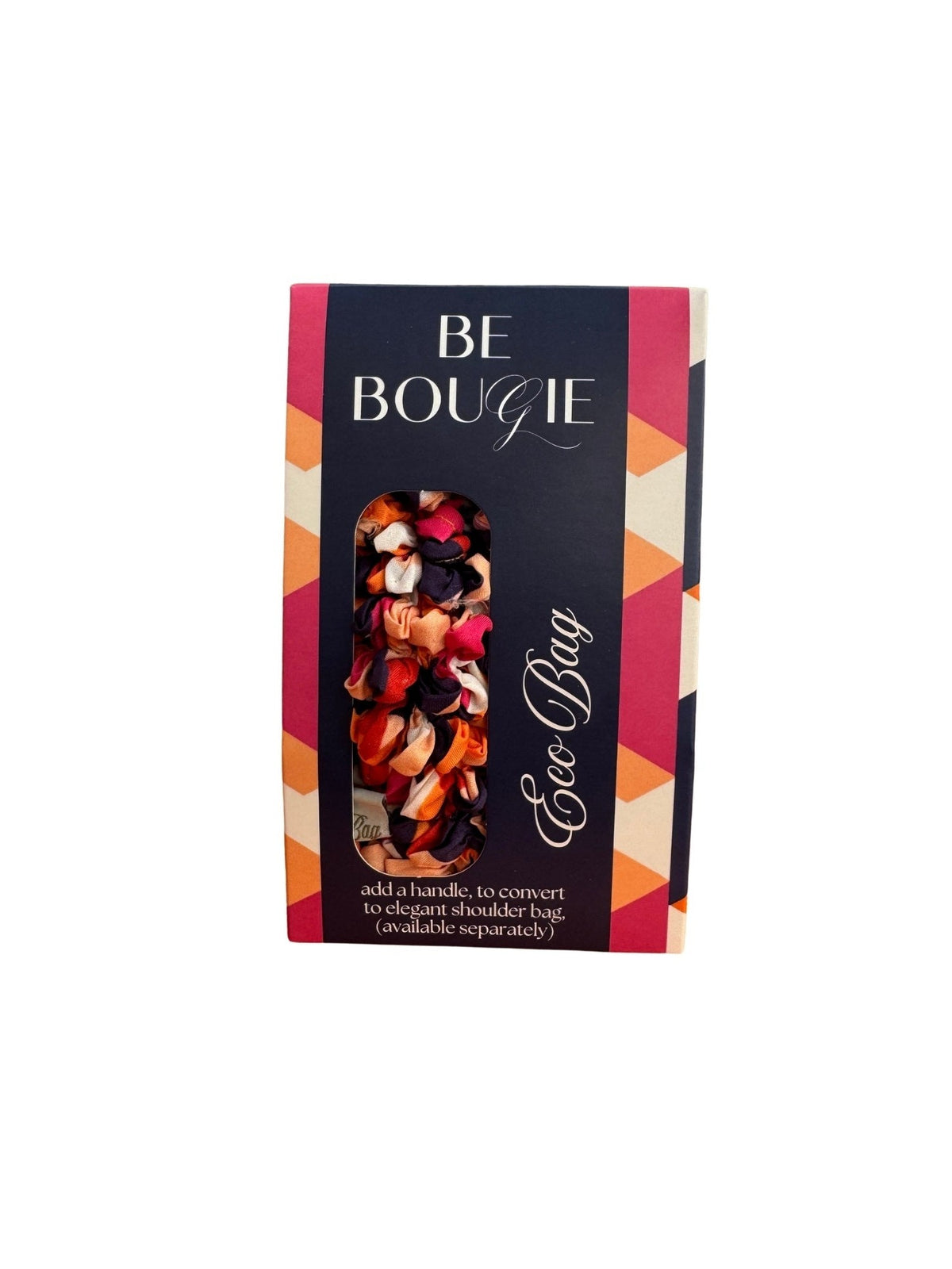 Be Bougie electric orange reusable eco bag in a rectangular branded display box with a geometric pattern