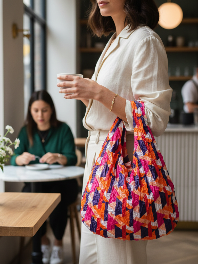 Be Bougie electric orange geometric print reusable tote bag held by a woman in a cafe
