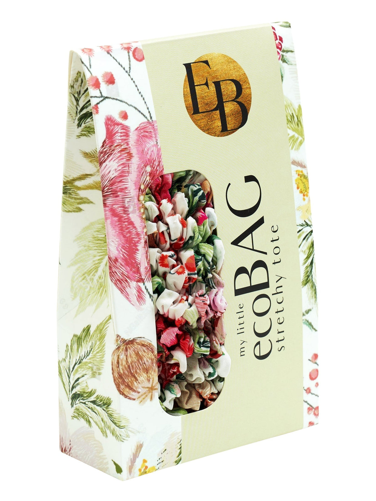 Be Bougie Berries & Anemones stretchy eco tote bag in its compact floral retail packaging
