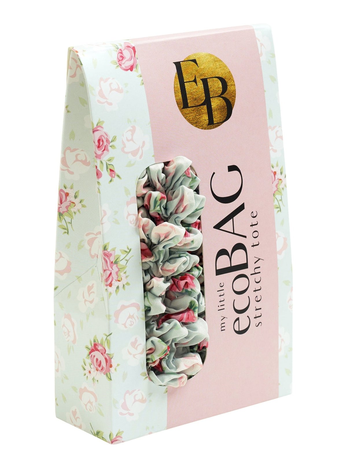 Be Bougie eco-friendly stretchy tote bag in duck egg blue and rose floral print, packaged in a decorative box.