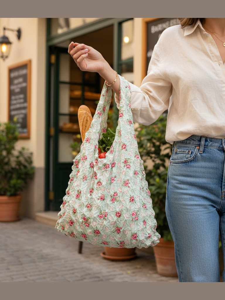 Be Bougie duck egg blue and rose floral stretchy eco shopper bag held by a woman on a city street