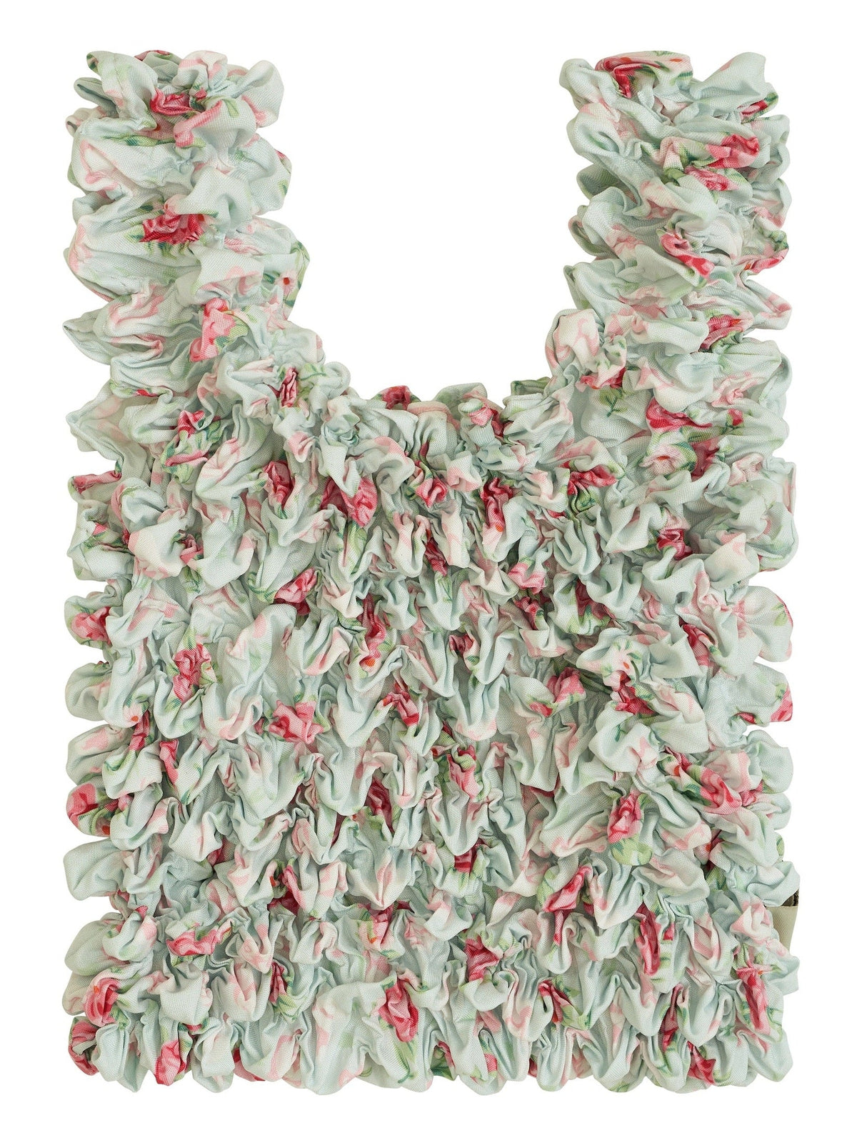 Be Bougie duck egg blue and rose floral print stretchy eco shopper tote bag with a textured ruched design.