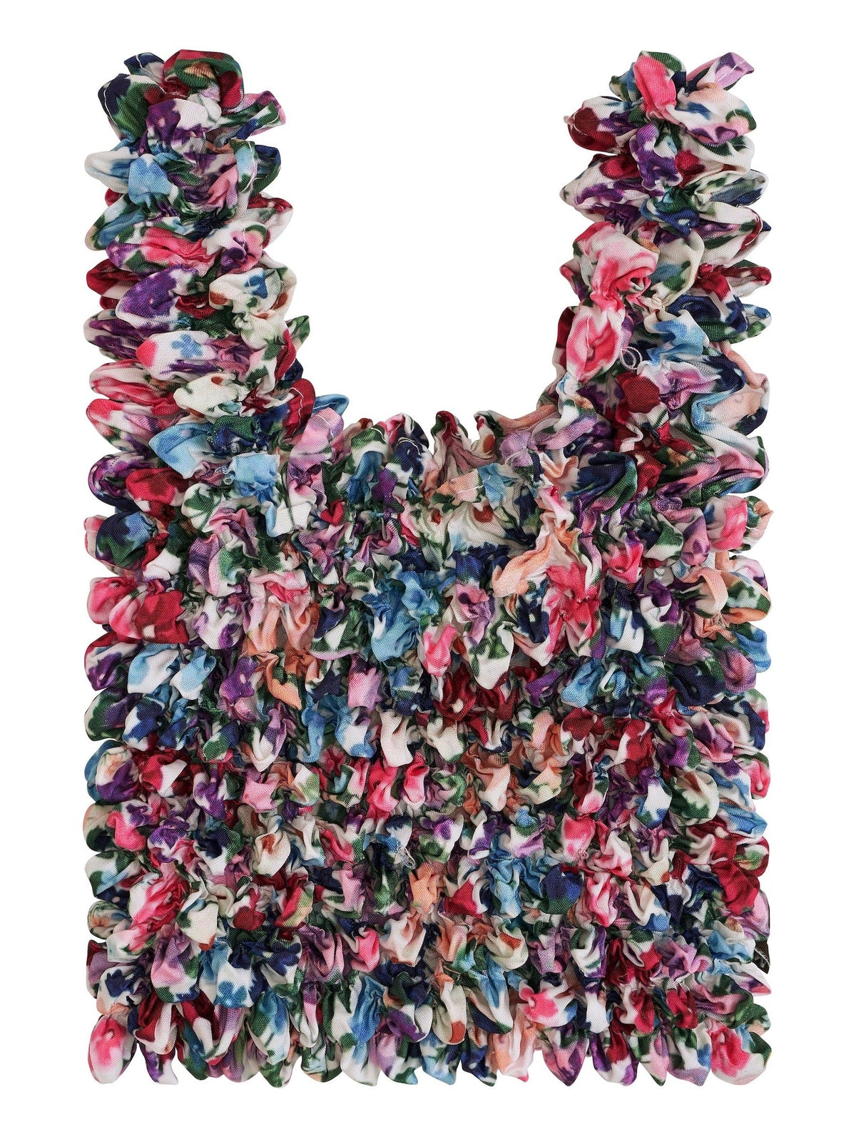 Be Bougie floral print eco-friendly stretchy tote bag with a vibrant ditsy pattern and crinkled texture.