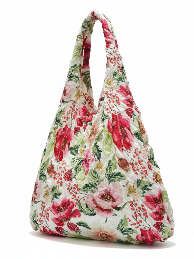 Be Bougie stretchy eco tote bag featuring a vibrant red and green berries and anemones floral print on white fabric.
