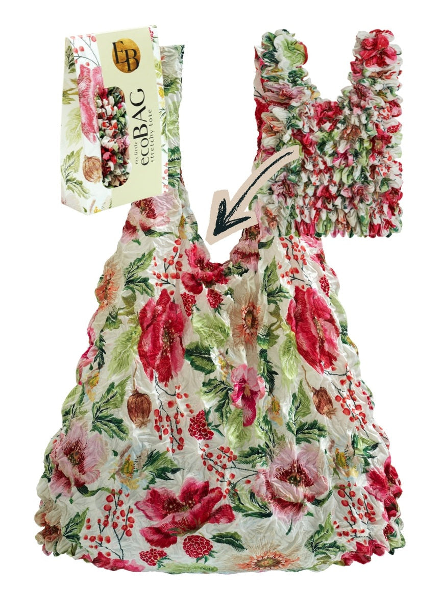Be Bougie stretchy eco tote bag featuring a vibrant red and green berries and anemones floral print on white fabric