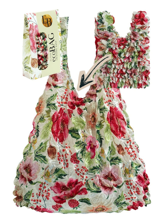 Be Bougie stretchy eco tote bag featuring a vibrant red and green berries and anemones floral print on white fabric