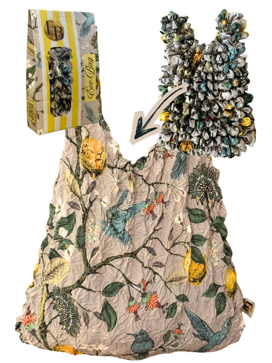 Be Bougie reusable eco-friendly shopping tote bag with hummingbird and lemon botanical print on crinkled fabric