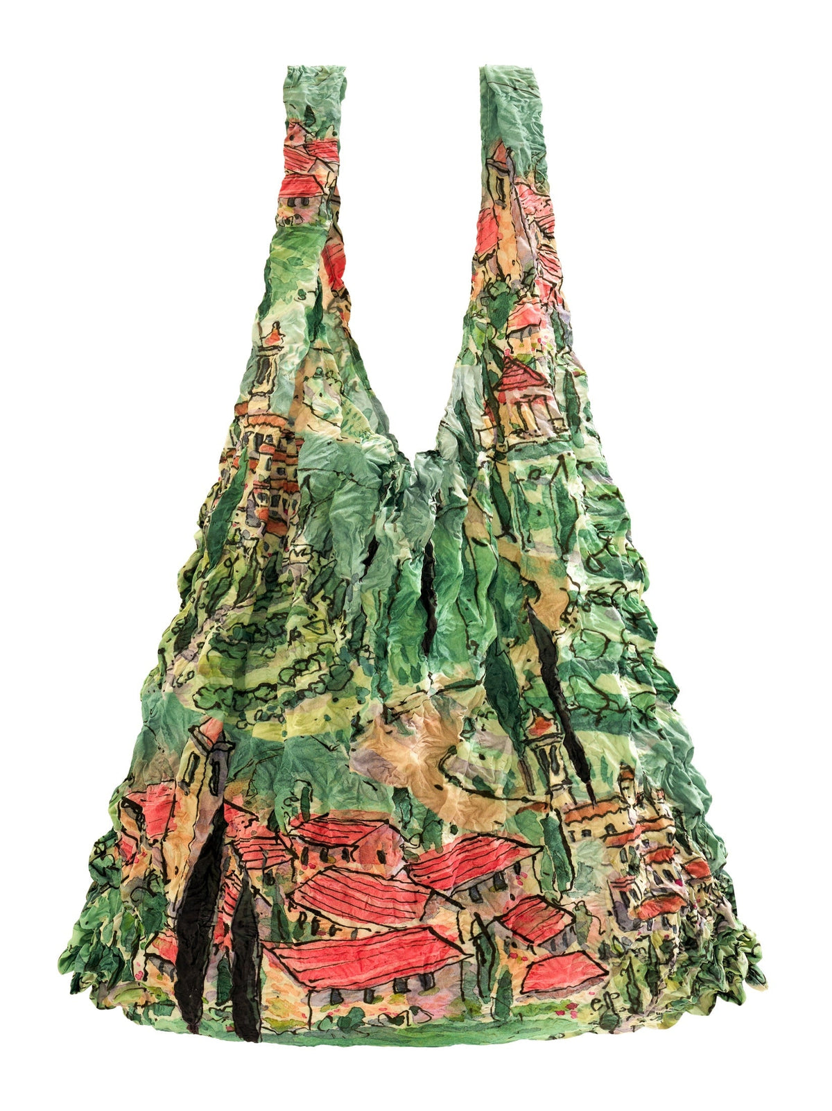 Be Bougie sustainable stretchy tote bag featuring a colourful Italian landscape illustration by Helen Wiseman.