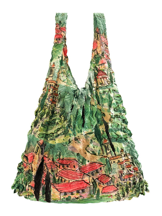 Be Bougie sustainable stretchy tote bag featuring a colourful Italian landscape illustration by Helen Wiseman.