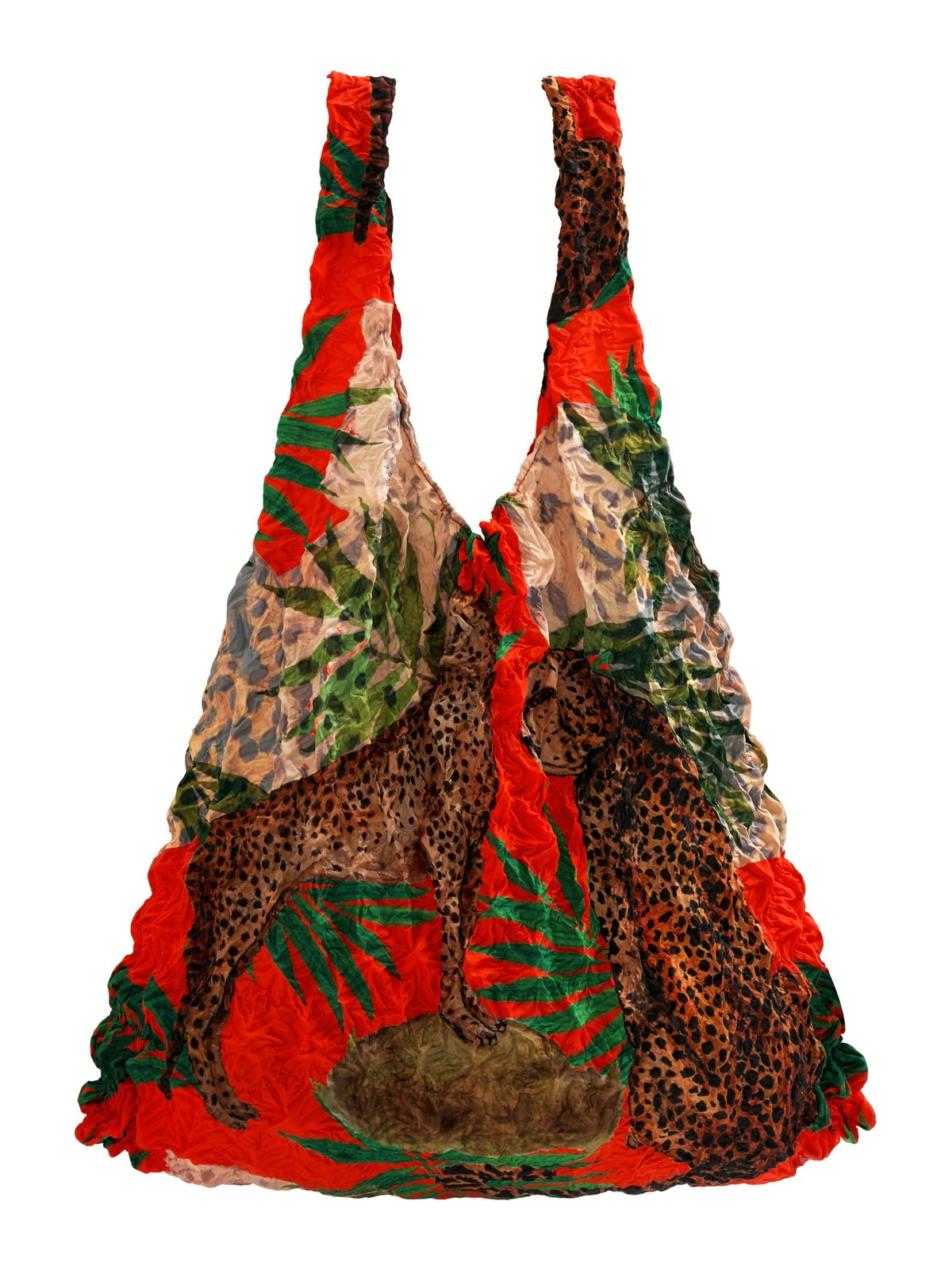 Be Bougie reusable eco-friendly tote bag featuring a vibrant leopard and tropical palm print in orange and green.