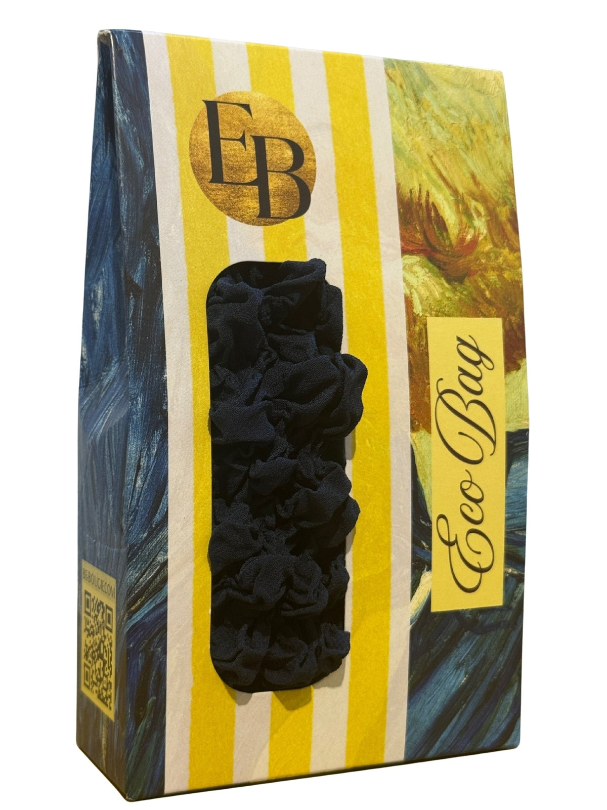 Be Bougie midnight blue sustainable stretchy tote bag in its compact, rectangular branded display packaging.