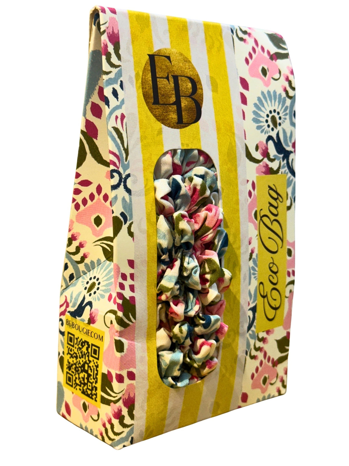 Be Bougie paisley print sustainable stretchy eco tote bag in yellow striped gift packaging