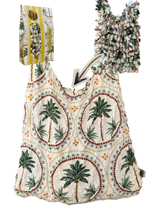 Be Bougie palm tree print eco-friendly stretchy tote bag with a crinkled texture and expandable design