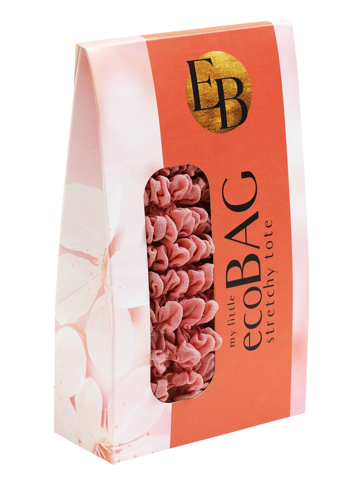 Be Bougie crepe pink stretchy eco shopper tote bag in its compact, beautifully designed retail packaging.