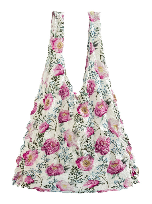 Be Bougie Poppalicious sustainable stretchy eco shopper tote bag with a white background and pink poppy flower print.