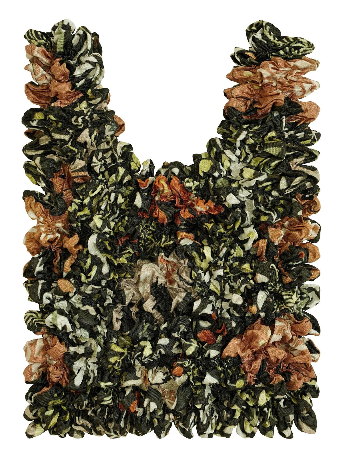 Be Bougie stretchy eco tote bag in a woodland print with deer and bear motifs in earth tones and crinkled texture.
