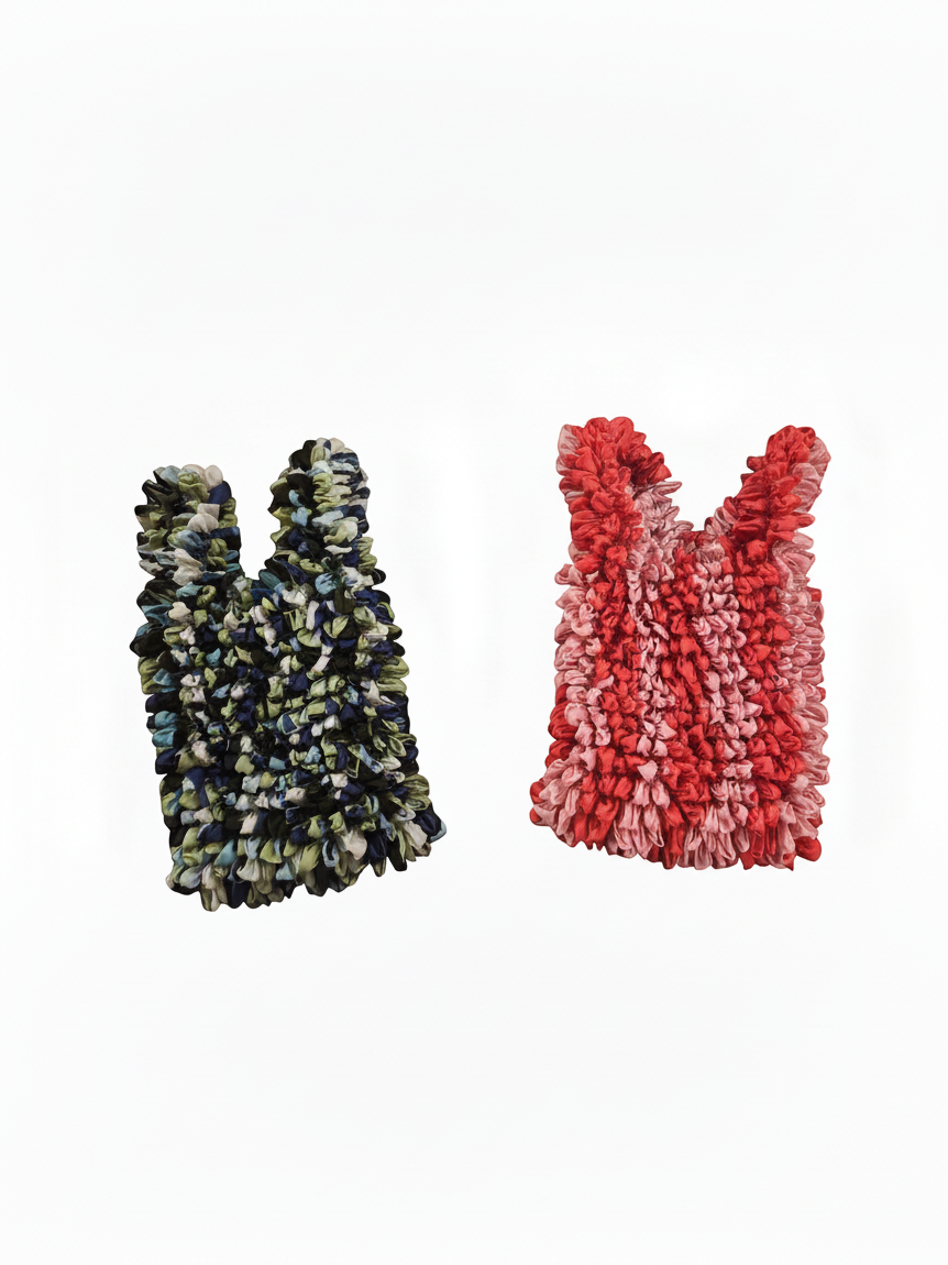 Be Bougie stretchy eco tote bags in vibrant pink and red wavy pattern and a multi-colored green and blue design