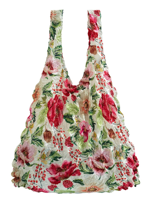 Be Bougie stretchy eco tote bag featuring a vibrant floral and berry print on a white background