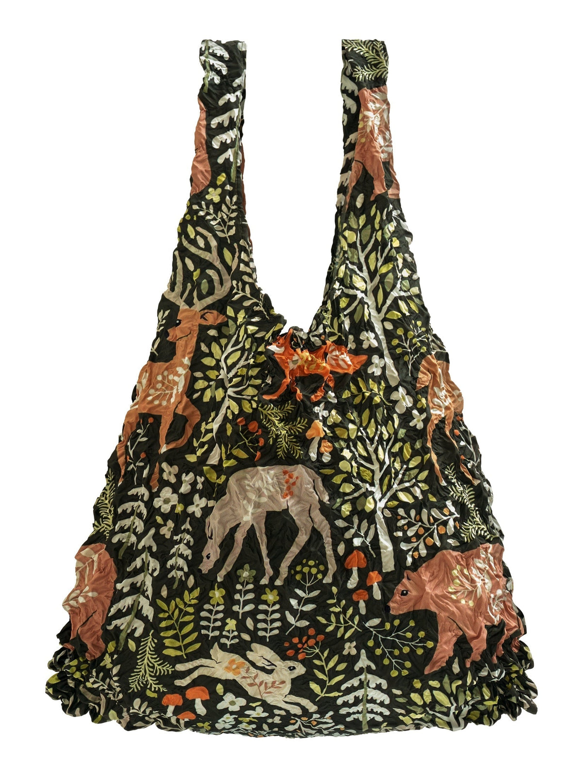 Be Bougie stretchy eco tote bag in dark green  with a whimsical woodland print featuring deer, bears, and forest flora.