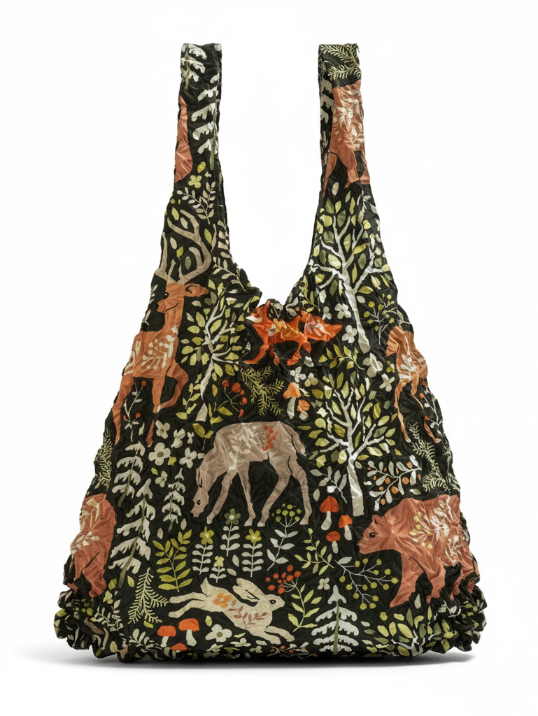Be Bougie stretchy eco tote bag in black with a woodland print featuring deer, bears, and flora in earth tones.