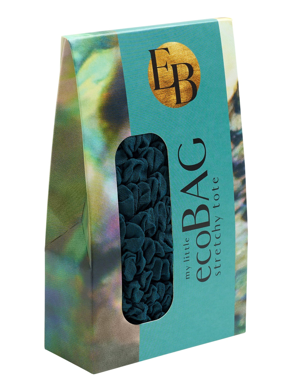 Be Bougie teal stretchy eco tote bag in its compact, branded retail packaging with a crinkle texture visible.
