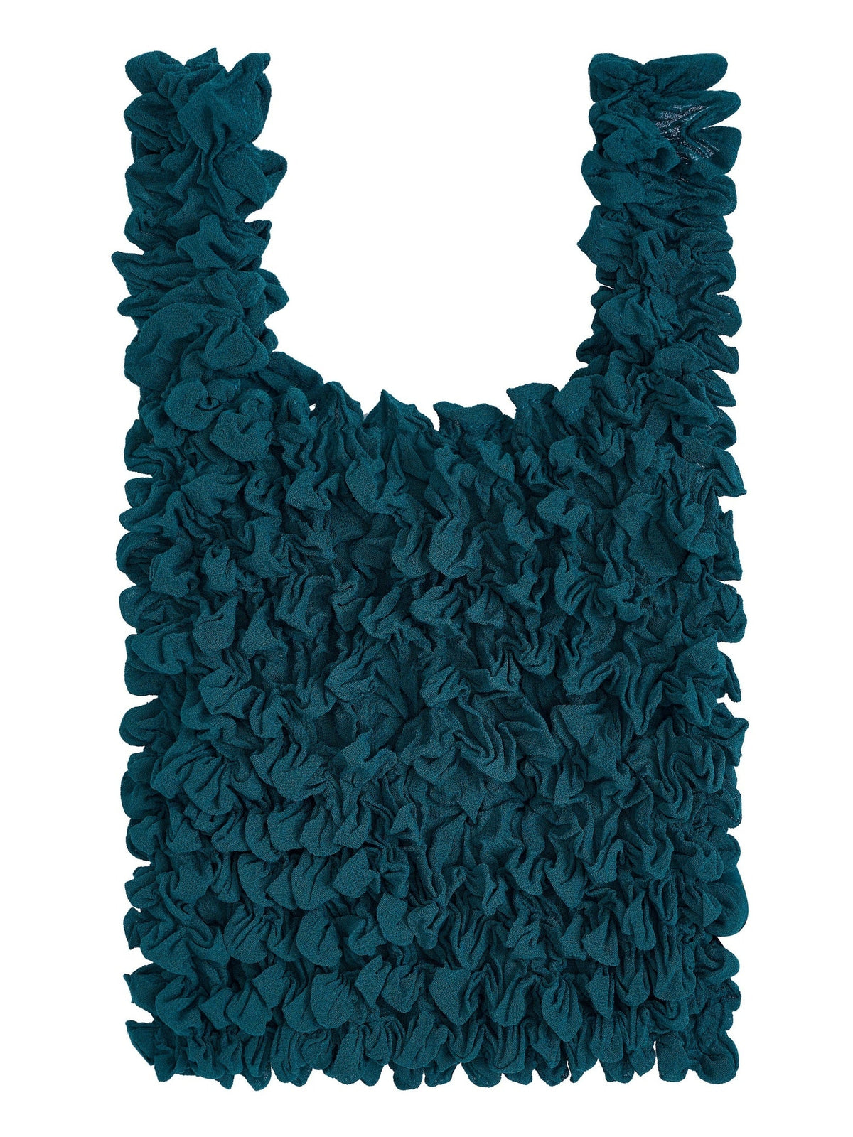 Be Bougie teal eco-friendly tote bag with a unique stretchy crinkle texture for a compact and durable design.