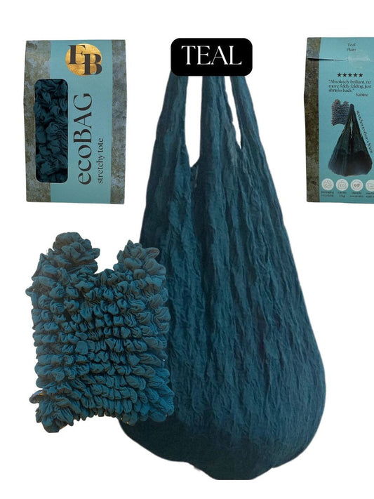 Be Bougie teal stretchy eco tote bag with crinkle texture shown expanded and folded for compact storage