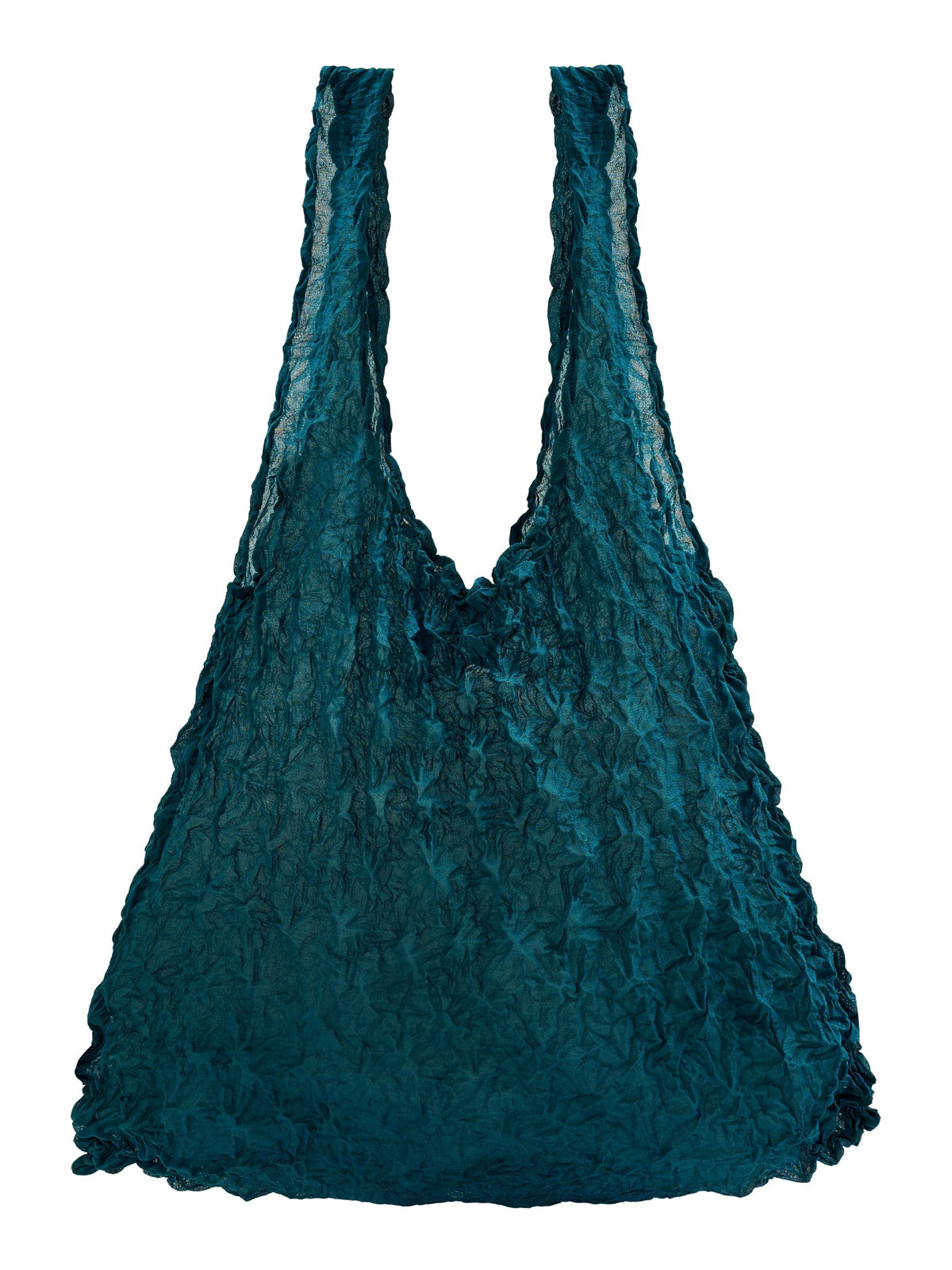 Be Bougie teal eco-friendly tote bag with a stretchy, crinkled texture and durable, minimalist design.