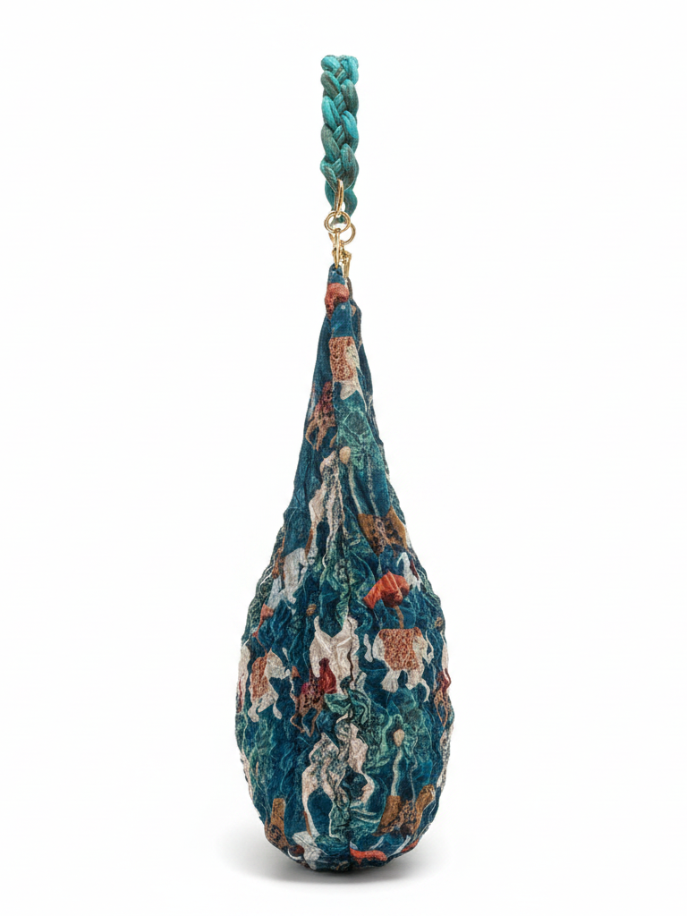 Be Bougie turquoise braided handbag handle attached to a patterned fabric tote bag with gold-tone metal hardware