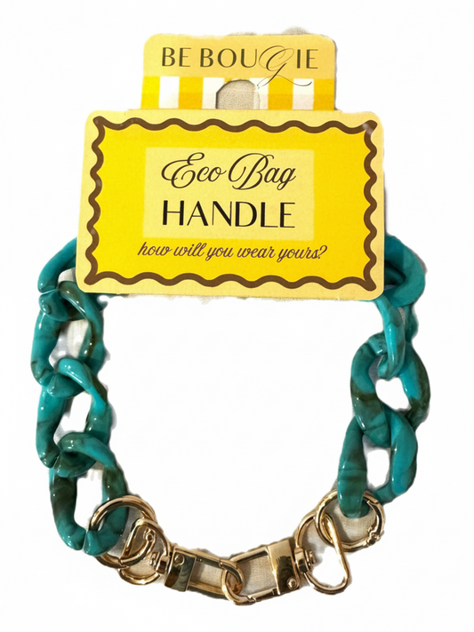 Be Bougie turquoise marbled acrylic chain handbag handle with polished gold-tone metal clip-on clasps.