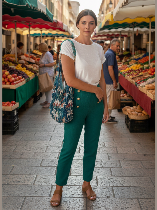 Be Bougie turquoise acrylic chain handle attached to a patterned tote bag carried by a woman in a market