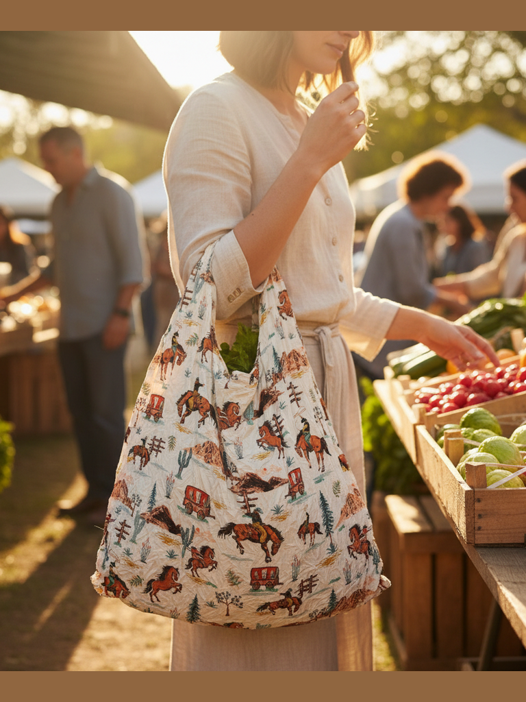 Be Bougie sustainable stretchy tote bag with western cowboy print, carried by a woman at a sunny outdoor market.