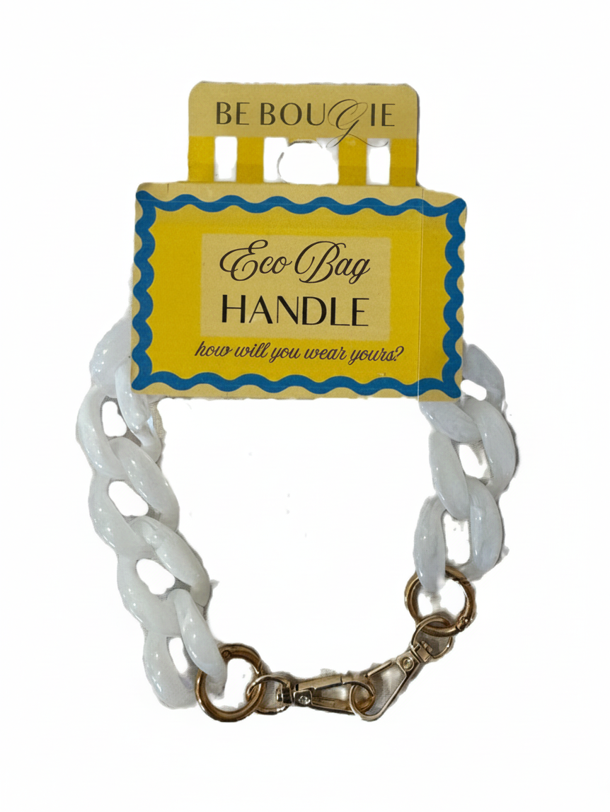 Be Bougie white acrylic chain link handbag handle with gold-tone hardware on yellow branded packaging