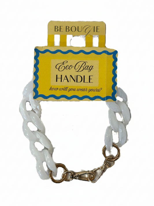 Be Bougie white acrylic chain link handbag handle with gold-tone hardware on yellow branded packaging