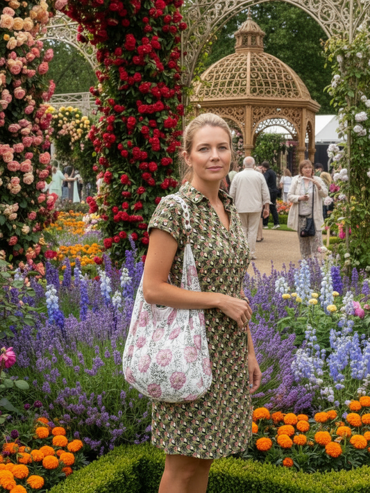 A woman carrying a Be Bougie eco bag with a white acrylic chain link handle in a vibrant, flower-filled garden.