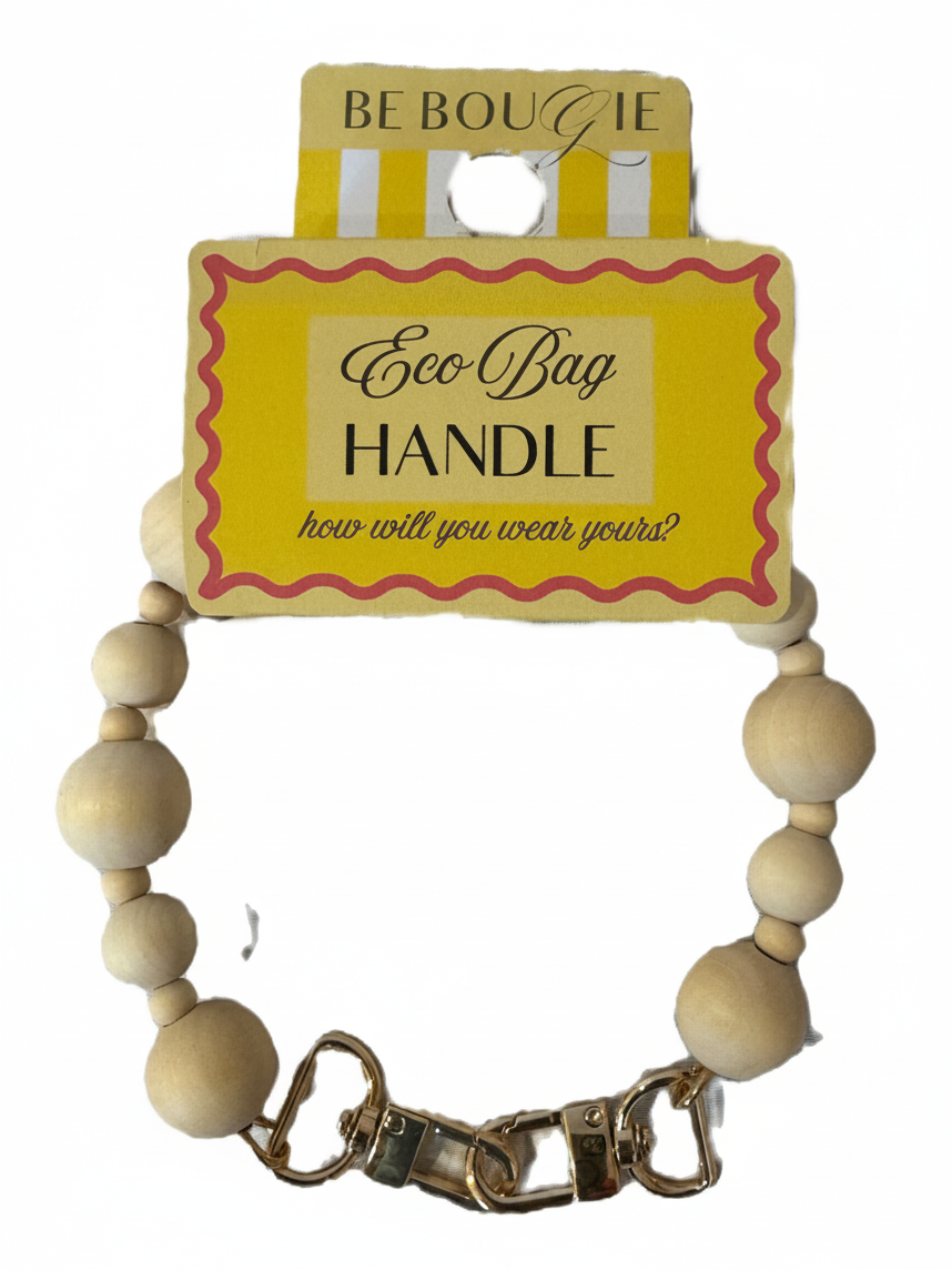 Be Bougie wooden bead bag handle with gold-toned lobster clasps on branded yellow packaging